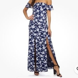 LUCCA Navy Blue White Floral Off Shoulder Maxi Dress Slit M wedding formal NWT